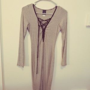 May Pink white striped dress with black drawstring